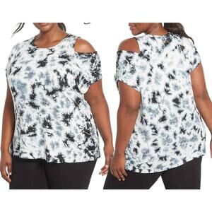 NWT LIVI Active Lane Bryant Top Tee 14/16 Cutout Black White Tie Dye Jersey Knit